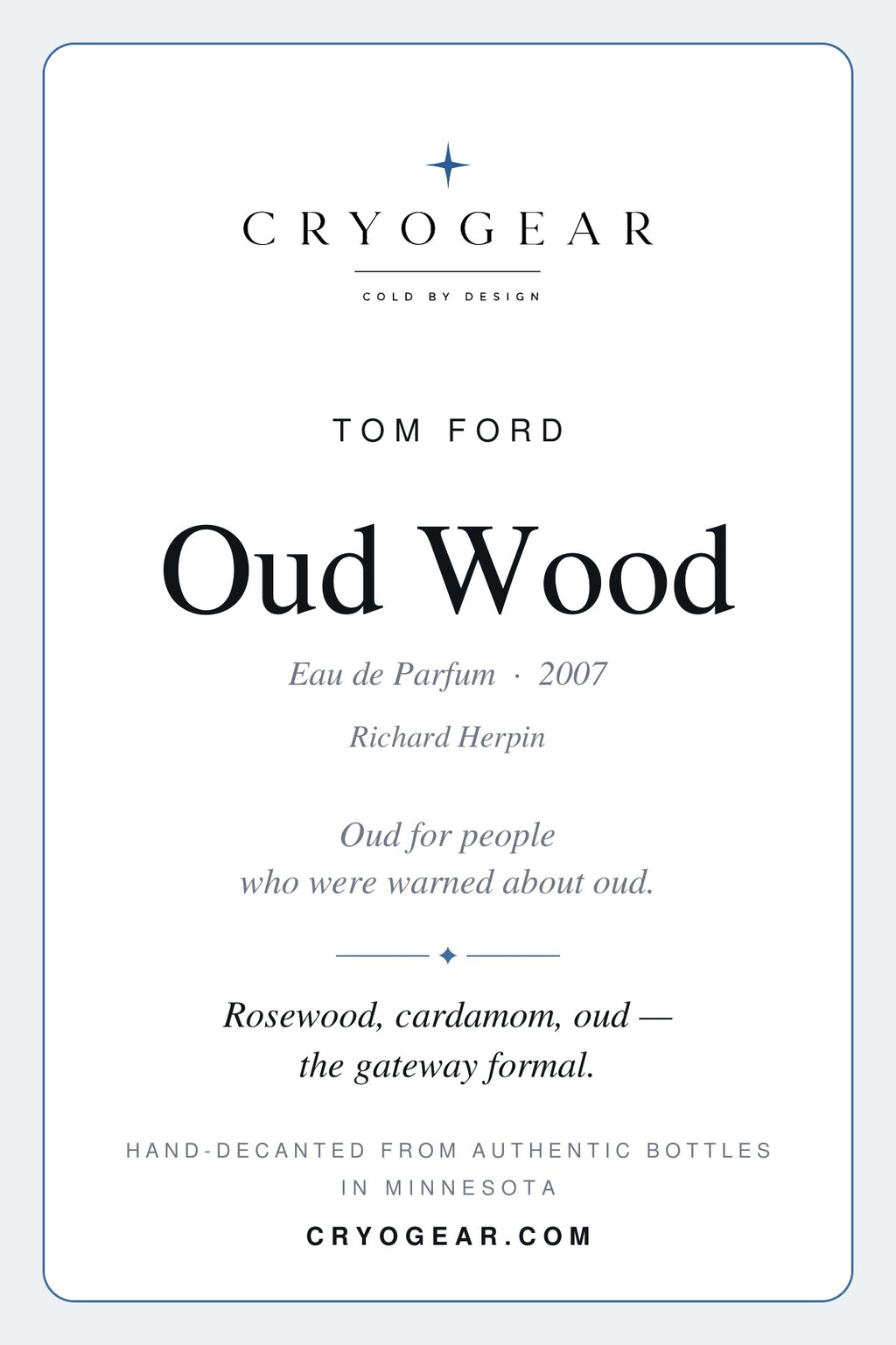 Cryogear scent card — Oud Wood (front)