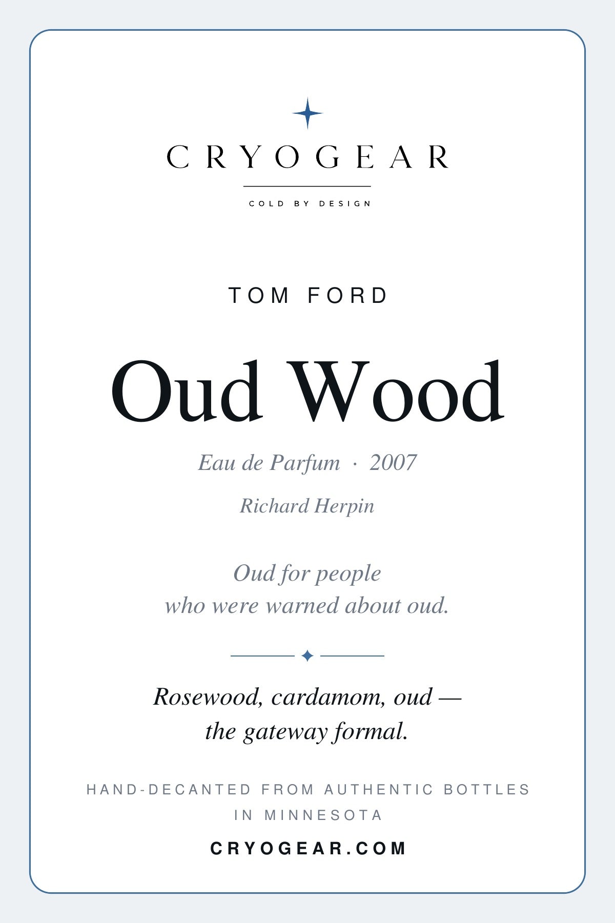 Cryogear scent card — Oud Wood (front)