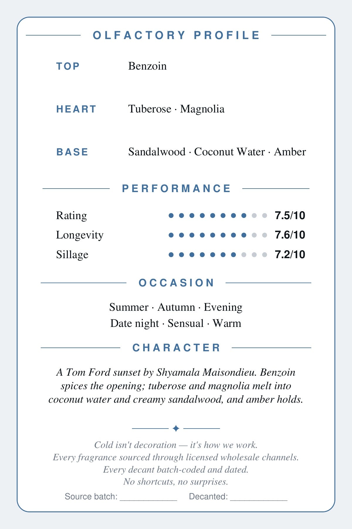 Soleil de Feu scent card — olfactory profile