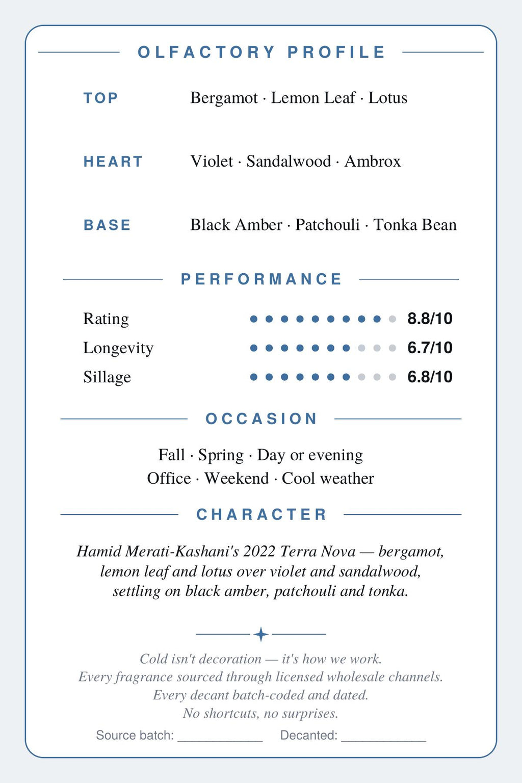 CryoGear scent card — Terra Nova (back)
