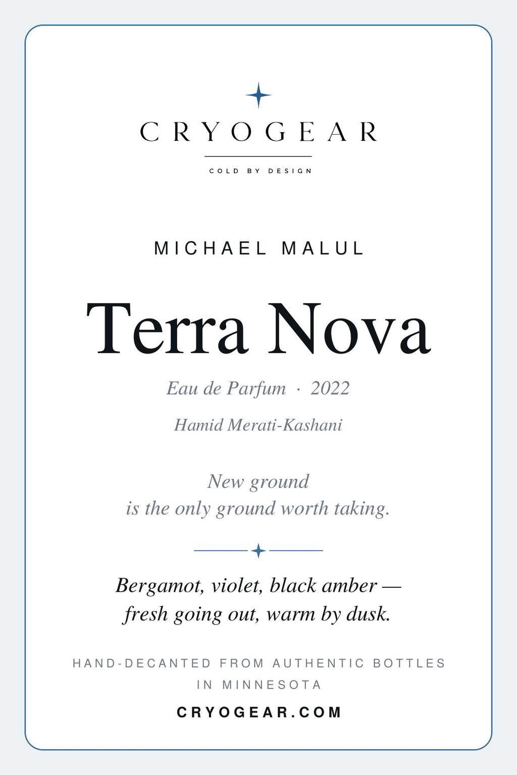 CryoGear scent card — Terra Nova (front)