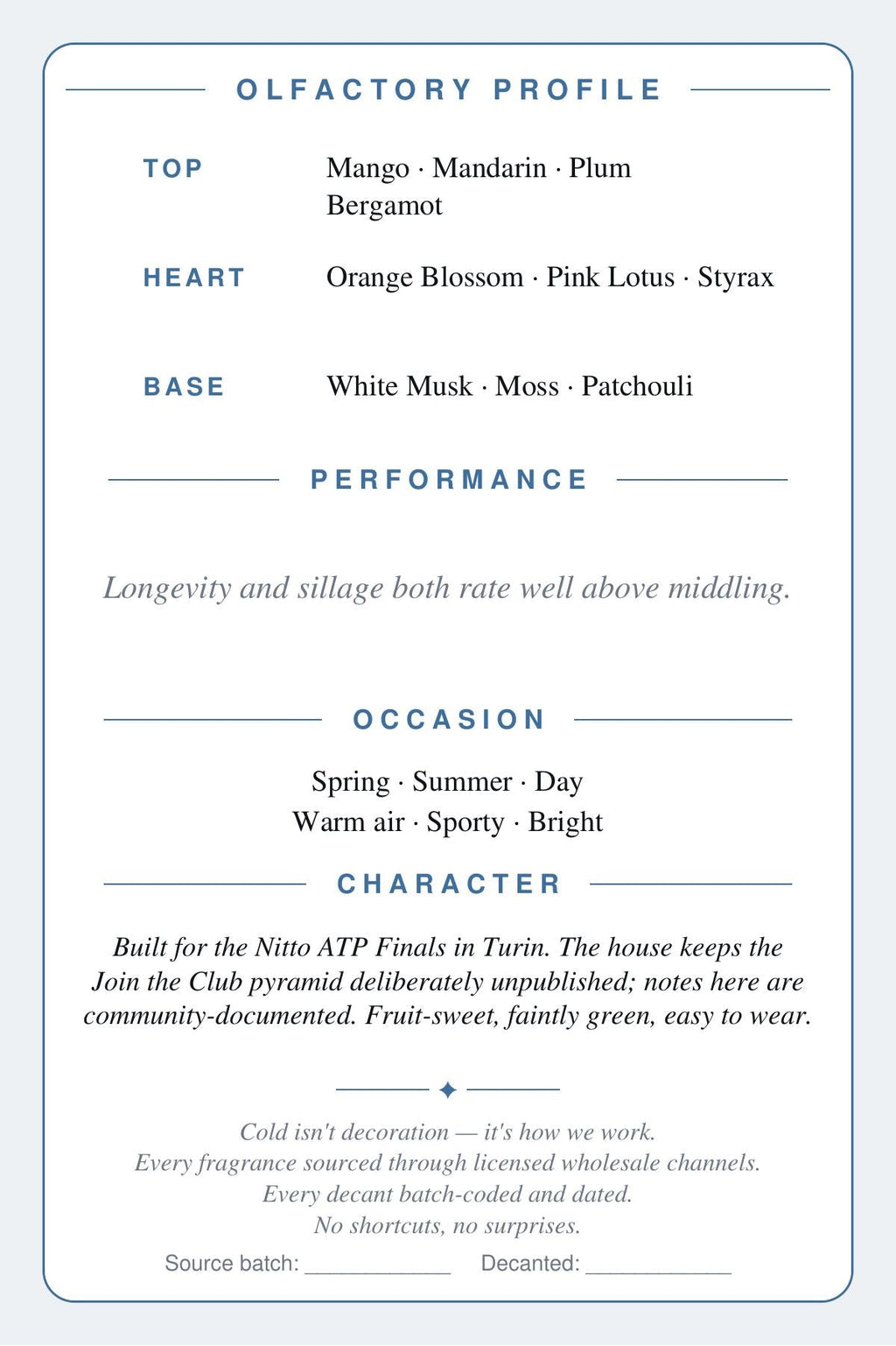 CryoGear scent card back — Xerjoff Torino24 olfactory profile