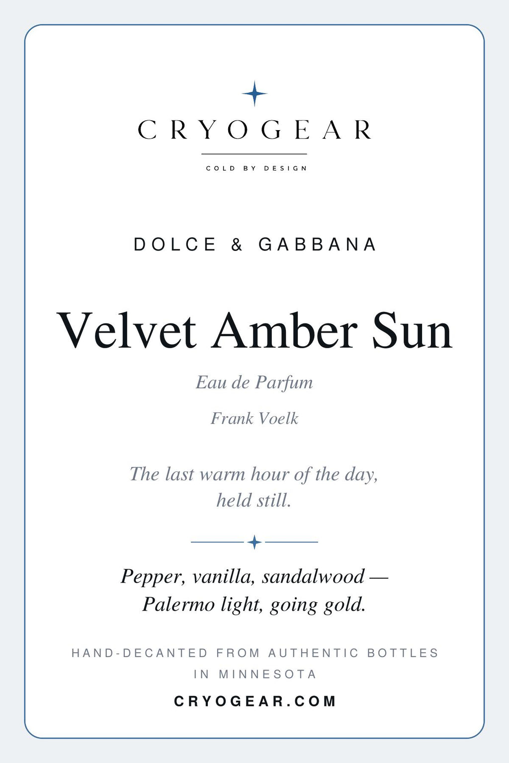 CryoGear scent card — Velvet Amber Sun (front)