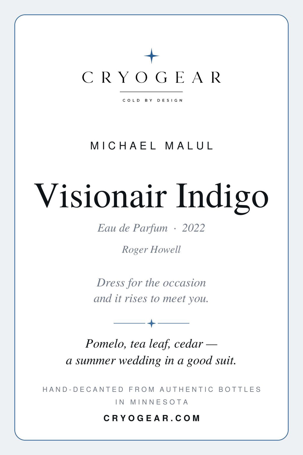CryoGear scent card — Visionair Indigo (front)