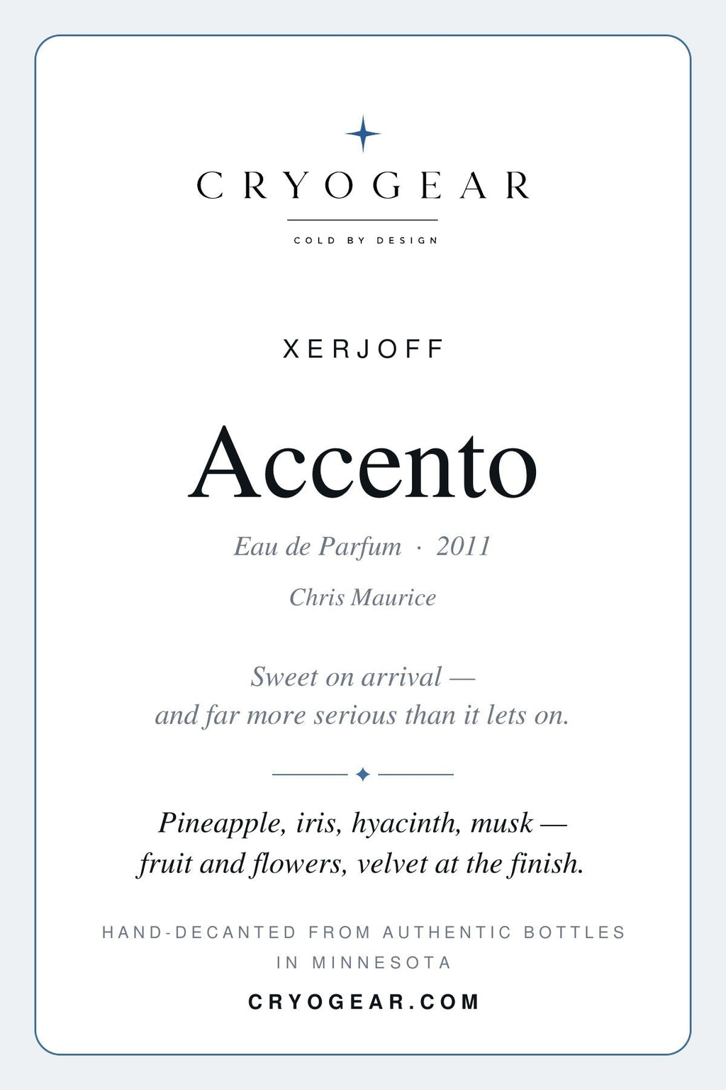 Cryogear scent card front — Accento