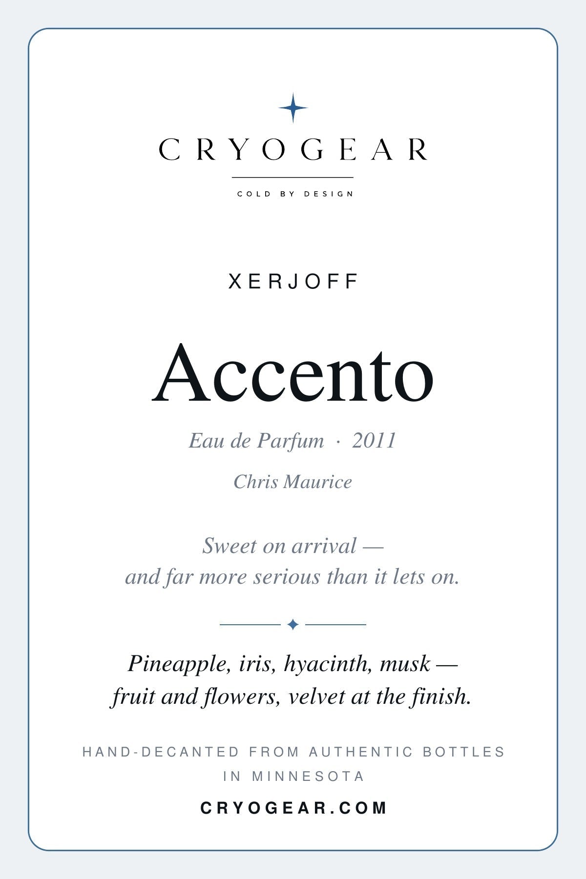 Cryogear scent card front — Accento