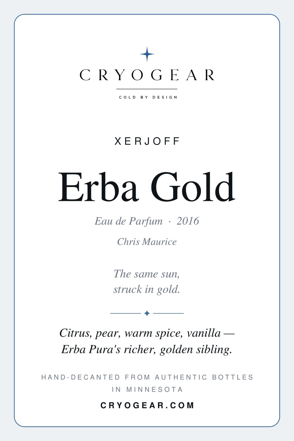 Cryogear scent card front — Erba Gold