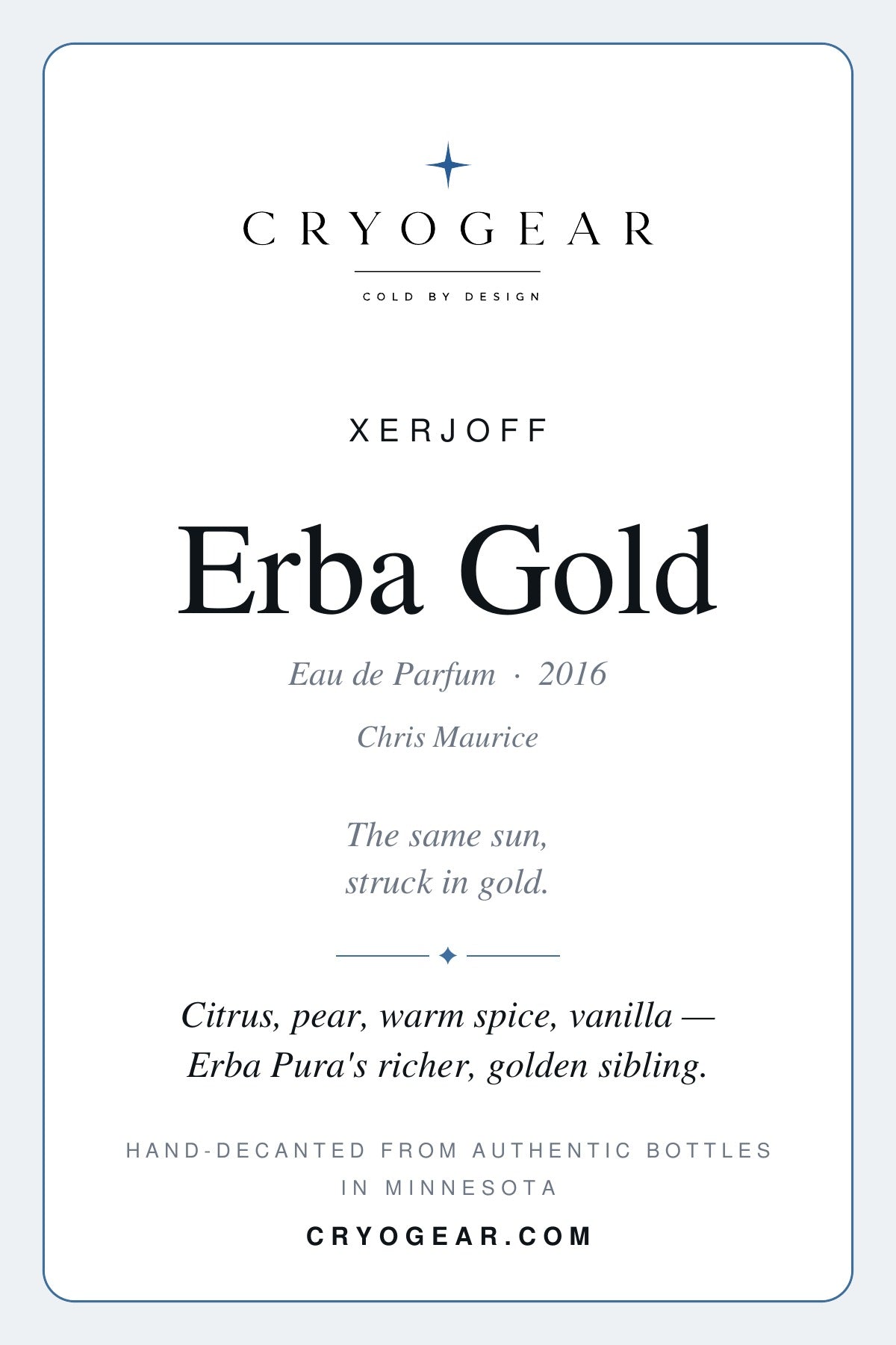 Cryogear scent card front — Erba Gold