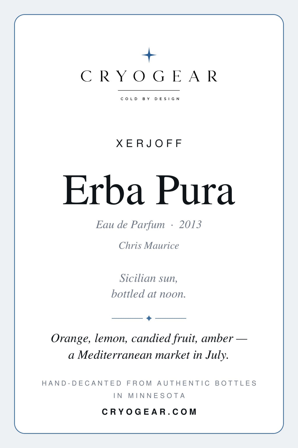 Cryogear scent card front — Erba Pura