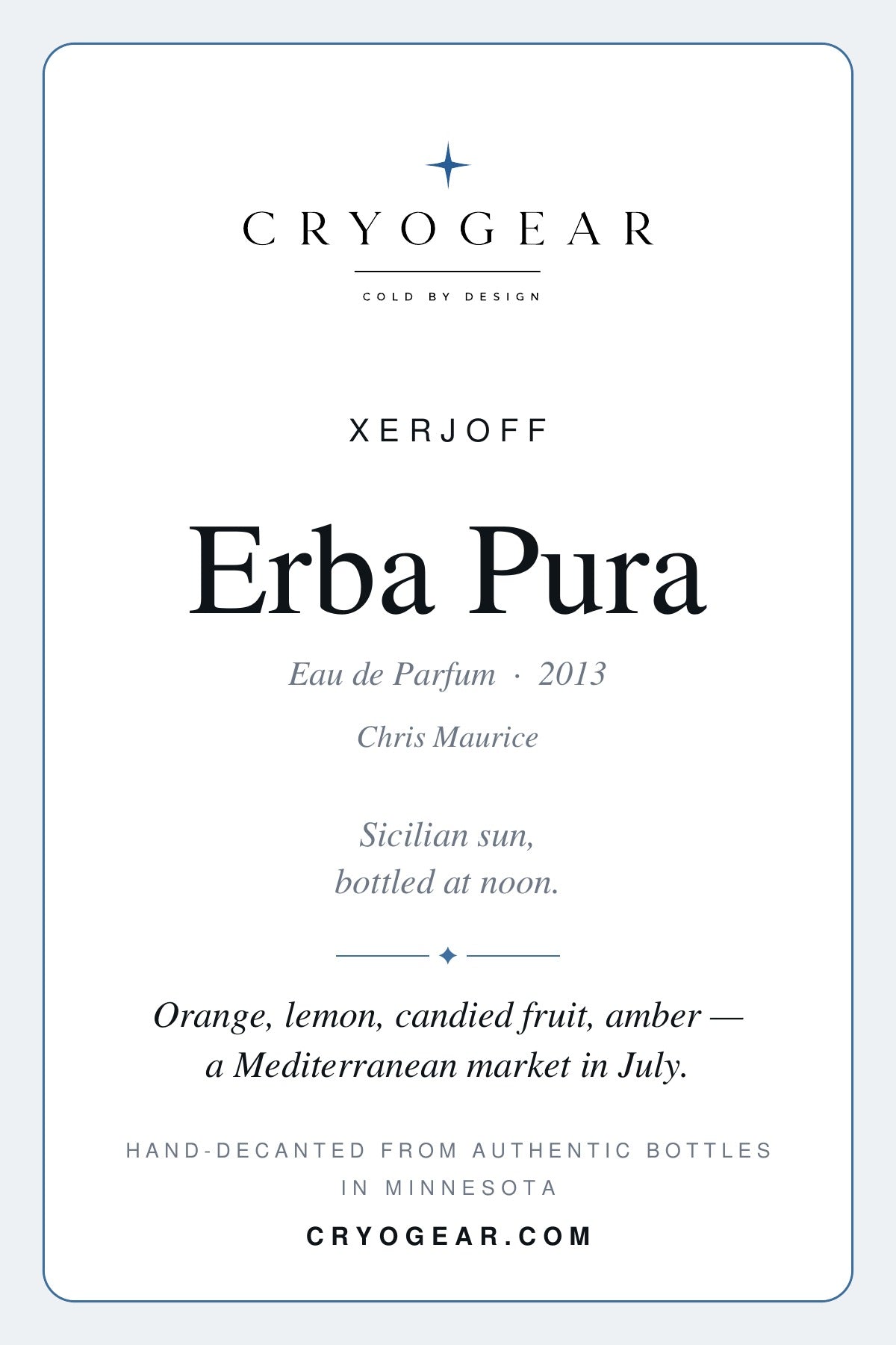 Cryogear scent card front — Erba Pura