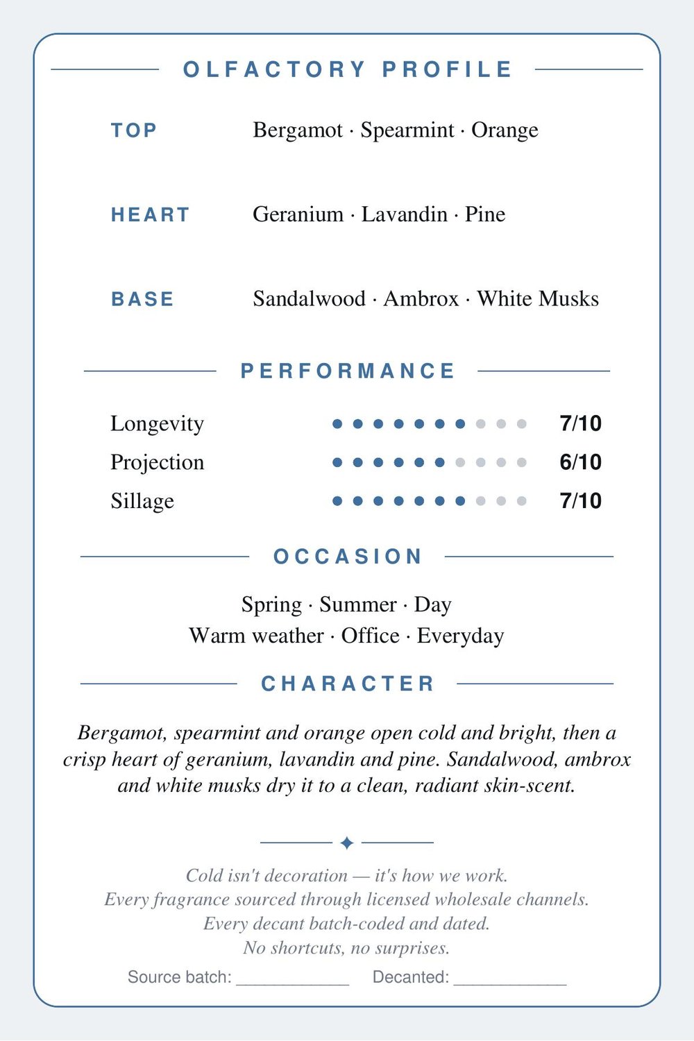 CryoGear scent card — Sedley, olfactory profile