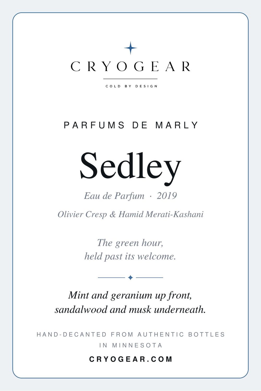 CryoGear scent card — Sedley, front