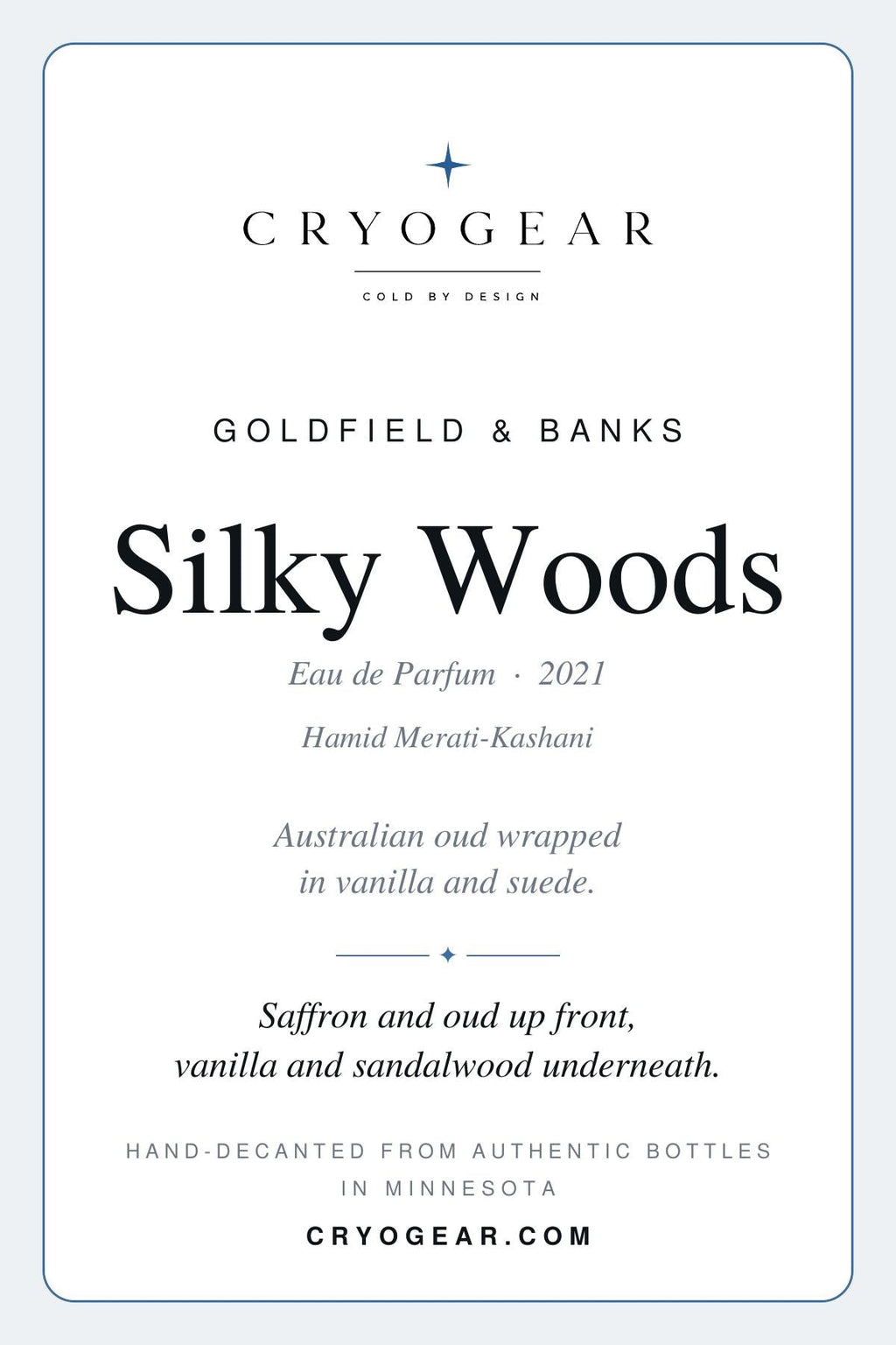 CryoGear scent card — Silky Woods, front