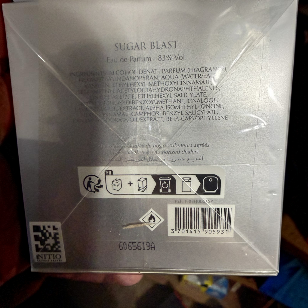 Initio Sugar Blast 90 ml sealed box, back with batch code and barcode